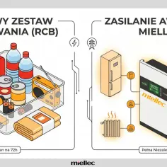 Zestaw awaryjny na wypadek blackoutu: apteczka, woda, konserwy, radio, latarki. Zasilanie awaryjne Miellec zapewnia prąd do lodówki, ogrzewania, płyty indukcyjnej i oświetlenia.