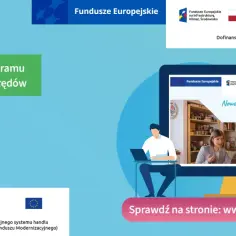 Ilustracja przedstawia ekran komputera z ludźmi i tekstem "Nowe Czyste Powietrze dla Ciebie", obok siedzi osoba z laptopem.