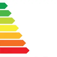 Skala klasyfikacji energetycznej od A (zielony) do G (czerwony) w formie strzałek.