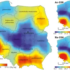 Mapy pokazują rozkład promieniowania w Polsce. Widać zróżnicowanie stężeń K-40, Ac-228 i Ra-226 w różnych regionach kraju.