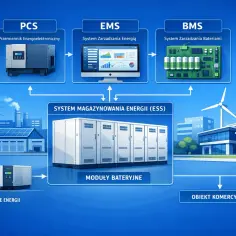 Schemat systemu magazynowania energii (ESS) z modułami bateryjnymi, PCS, EMS i BMS. Obiekt komercyjny z turbiną wiatrową.