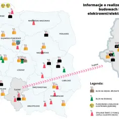 Mapa Polski z symbolami przedstawiającymi różne rodzaje elektrowni: węglowe, gazowe, biomasę, jądrowe, wodne i spalarnie.