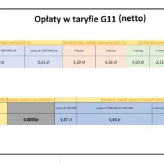 Taryfy PGE G11 netto: opłaty przejściowe, stałe, abonamentowe, zmienne i mocowe w zależności od zużycia.