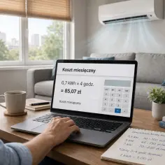 Na laptopie widać kalkulację "Koszt miesięczny" klimatyzacji, szacując wydatki na 85,07 zł. Obok notatnik z szacunkowymi kosztami.