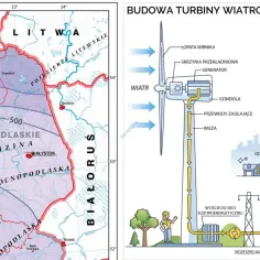 Mapa Polski z zaznaczonymi strefami wiatrowymi i schemat budowy turbiny wiatrowej.