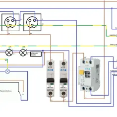 Schemat instalacji elektrycznej TN-C z gniazdkami, oświetleniem i wyłącznikami.