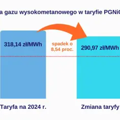 Spadek ceny gazu TTF w taryfie PGNIG OD z 318,14 zł/MWh do 290,97 zł/MWh. Cena zamrożona 200,17 zł/MWh.