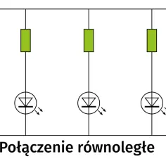 Schemat połączenia równoległego pięciu rezystorów i diod. Każda dioda świeci niezależnie.
