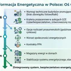 Oś czasu transformacji energetycznej w Polsce z ikonami i datami: 2026, 2027+, Long term.