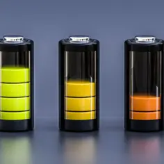 Trzy baterie, jedna pełna (zielona), druga na pół (żółta), trzecia prawie pusta (pomarańczowa). Wskaźnik poziomu naładowania NMC.