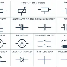 Schemat zawiera symbole elementów elektronicznych, w tym symbol cewki, rezystora, baterii i innych.