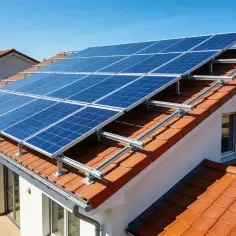 Instalacja off grid na dachu domu z niebieskimi panelami słonecznymi. Czerwona dachówka i błękitne niebo.