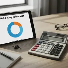Tablet z wykresem kołowym i napisem "Net-billing kalkulator", obok kalkulator, okulary i notatnik.