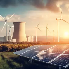Panele słoneczne i wiatraki symbolizują transformację energetyczną, obok chłodni kominowych i wieży.