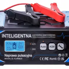 Inteligentna ładowarka samochodowa z funkcją odsiarczanie akumulatora. Wyświetla napięcie, prąd i procent naładowania.