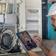 Technik w kasku i okularach ochronnych dokonuje przeglądu instalacji elektrycznej domu, używając tabletu do monitorowania parametrów.