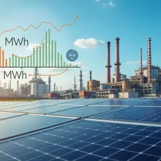 Wykresy pokazują wzrost produkcji energii w MWh, z panelami słonecznymi na pierwszym planie i fabryką w tle.