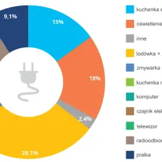 Wykres kołowy pokazuje zużycie energii przez urządzenia domowe, ilustrując, jak nasze wybory wpływają na nieodnawialne źródła energii.