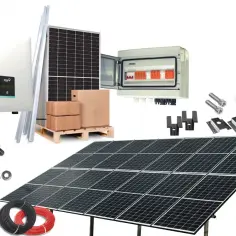 Kompletna instalacja fotowoltaiczna 5 kW z montażem: panele, inwerter, skrzynka rozdzielcza, okablowanie i akcesoria montażowe.