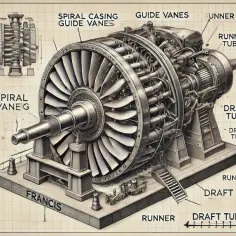 Ilustracja techniczna turbiny wodnej Francisa z widocznymi elementami: wirnik, łopatki kierownicze, obudowa spiralna, rura ssąca.