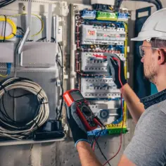Elektryk w białym kasku mierzy konduktancję obwodów elektrycznych za pomocą multimetru.