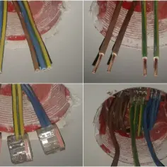 Instalacja elektryczna: przewody brązowe, niebieskie i żółto-zielone przygotowane do podłączenia. Jaki kabel do gniazdek? Tutaj widać połączenia.
