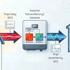 Schemat pokazuje, jak panele fotowoltaiczne przetwarzają światło słoneczne na prąd stały (DC), który następnie falownik zamienia na prąd przemienny (AC) dla urządzeń domowych.