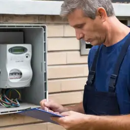 Technik Tauron dokonuje wymiany licznika energii elektrycznej, notując dane na tablicy.