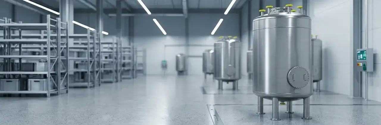 Duże, metalowe zbiorniki stoją w czystym magazynie. Jeden z nich, z żółtymi elementami, może przechowywać wodor.