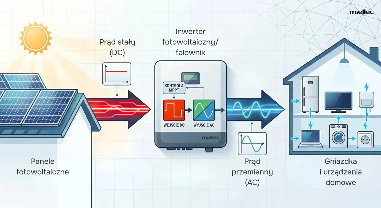 Schemat pokazuje, jak panele fotowoltaiczne zamieniają prąd stały (DC) na prąd przemienny (AC) w falowniku, zasilając urządzenia domowe.