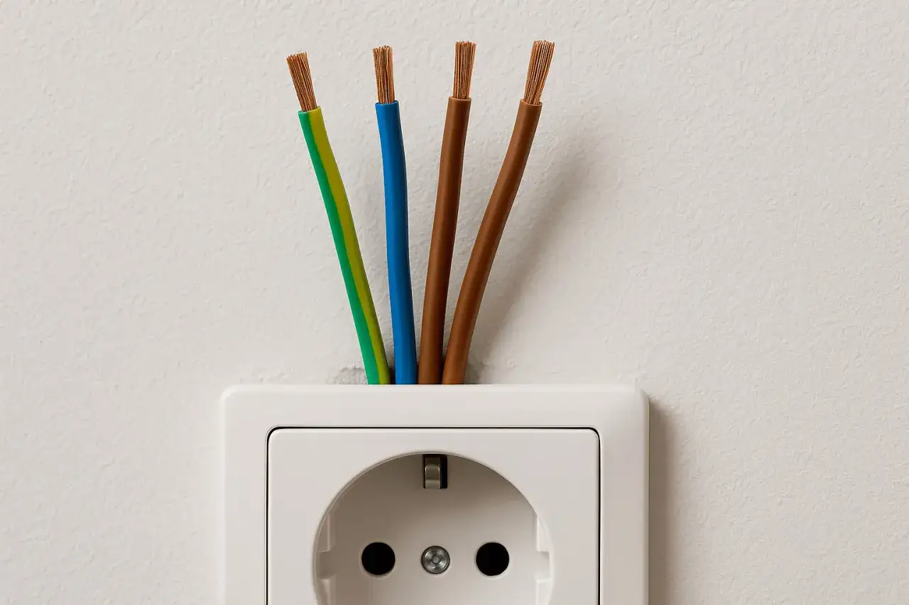 Cztery przewody elektryczne wychodzące z białego gniazdka. Zastanawiasz się, jaki kabel do gniazdek?