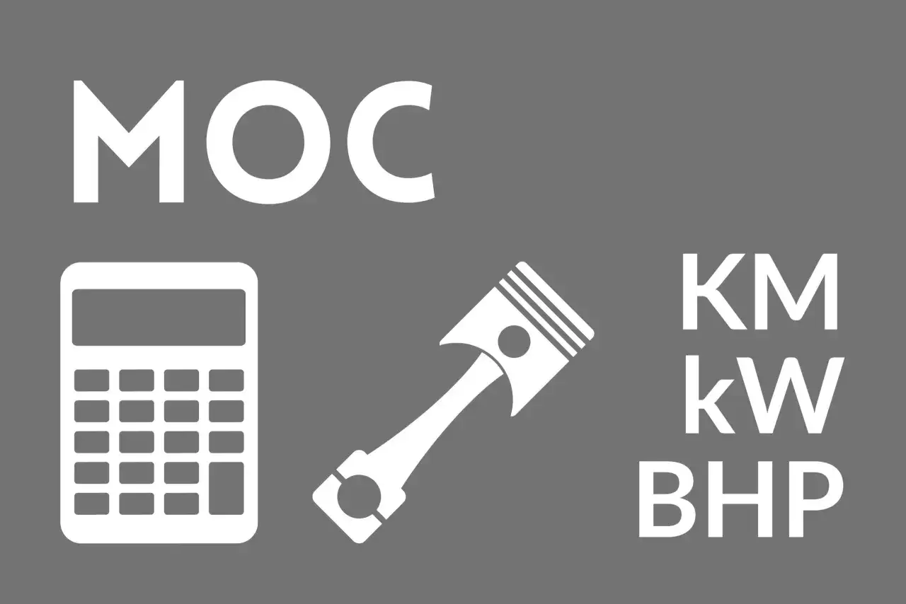 Grafika przedstawia kalkulator, tłok silnika i skróty KM, kW, BHP. Obliczenia mocy dla koni mechanicznych (KM) i kilowatów (kW) są kluczowe.