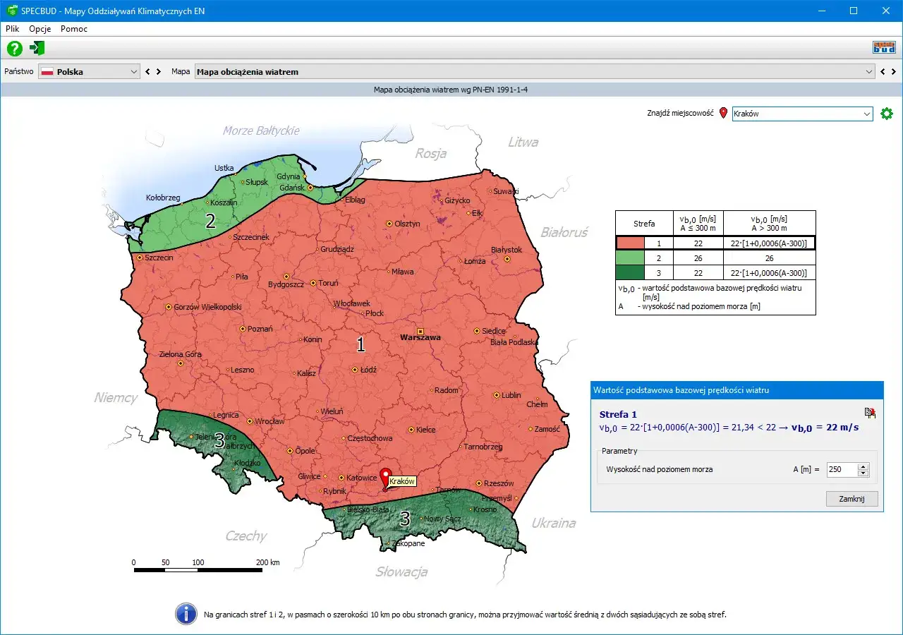 Mapa Polski z zaznaczonymi strefami wiatrowymi. Strefa 1 obejmuje większość kraju, strefa 2 północno-zachodnią, a strefa 3 południową.