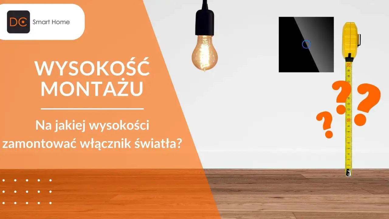 Pytanie o idealną wysokość montażu włącznika światła. Miarka i znaki zapytania sugerują niepewność.