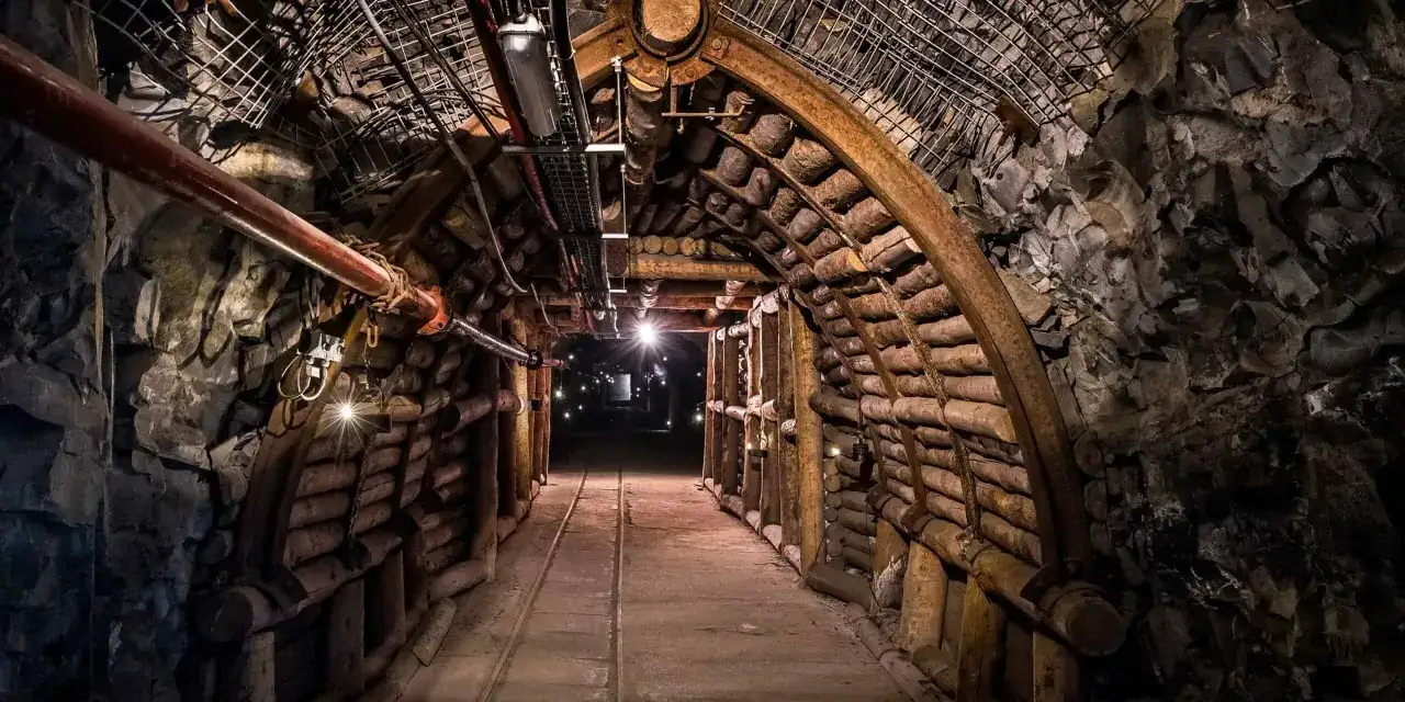 Tunel kopalni węgla, z drewnianymi i kamiennymi obudowami, torami kolejowymi i oświetleniem. Symbol polskiego wydobycia węgla.