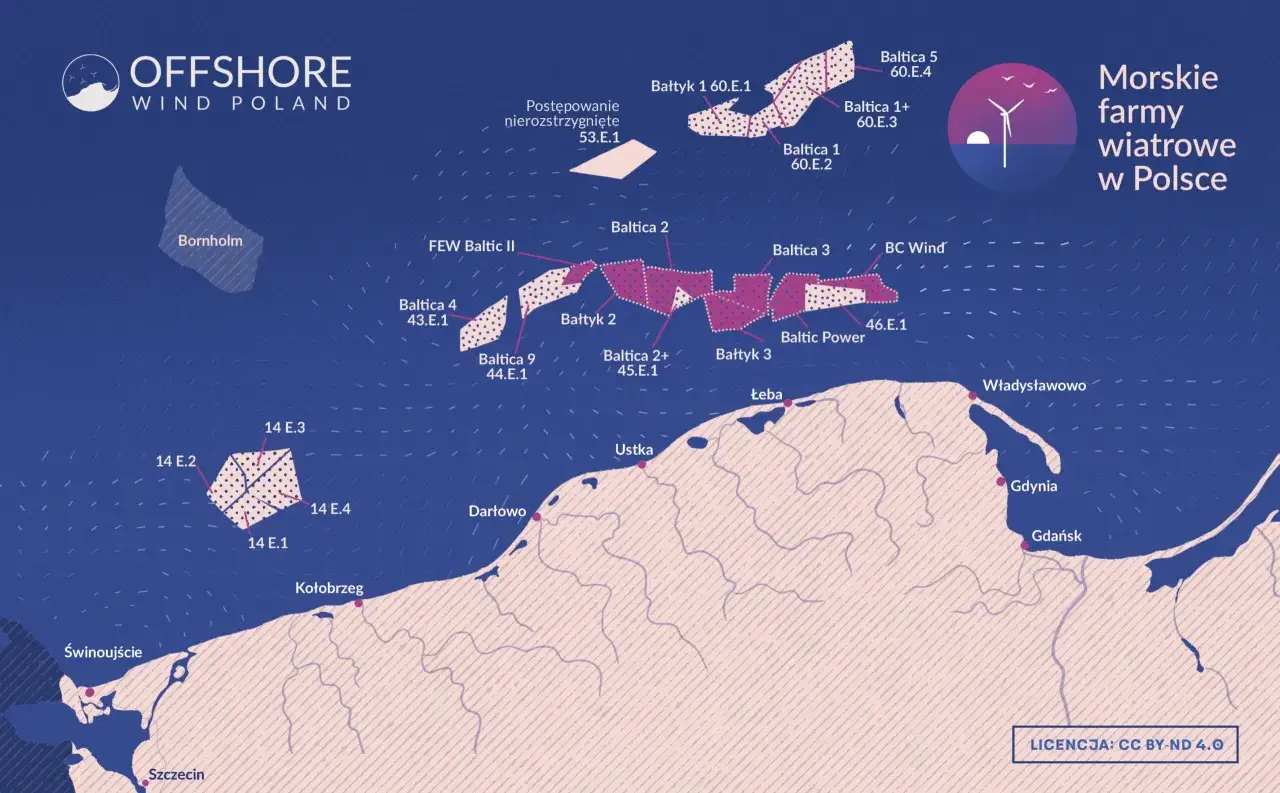 Mapa morskich farm wiatrowych w Polsce, w tym Baltic Power, pokazuje potencjał energii wiatrowej na Bałtyku.