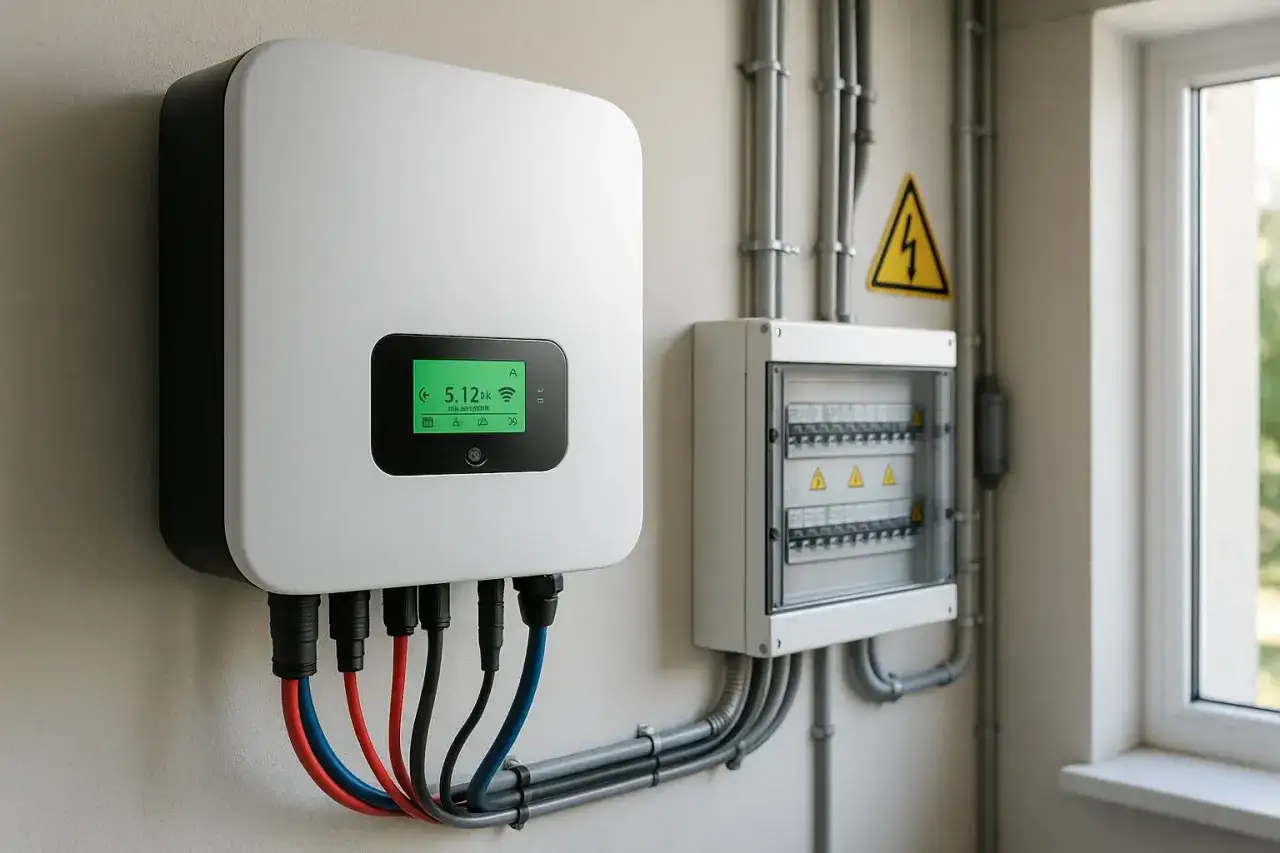 Falownik dla prosumenta z zielonym wyświetlaczem pokazuje 5.12kW. Obok skrzynka z bezpiecznikami i żółty trójkąt z błyskawicą.