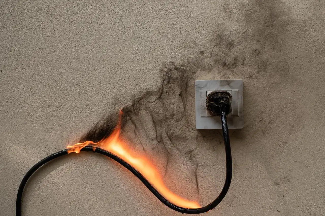 Płonący kabel podłączony do gniazdka, unoszący się dym. To niebezpieczne zerowanie gniazdka.