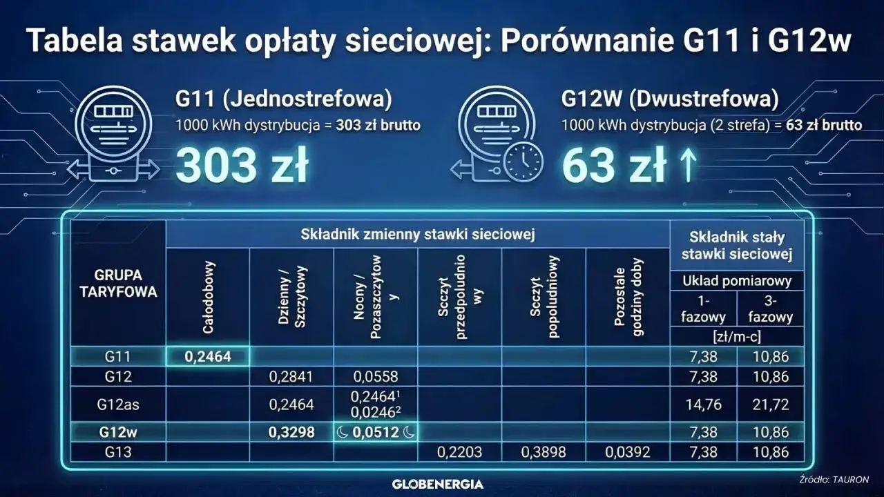 Porównanie taryfy G11 i G12w: G11 kosztuje 303 zł za 1000 kWh, a G12w tylko 63 zł. Tabela pokazuje stawki.