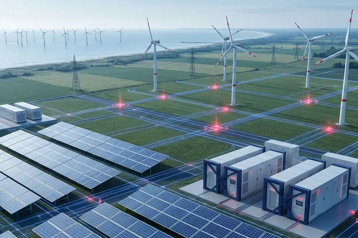Panele słoneczne, turbiny wiatrowe na morzu i lądzie, magazyny energii i sieć połączeń symbolizują transformację energetyczną.
