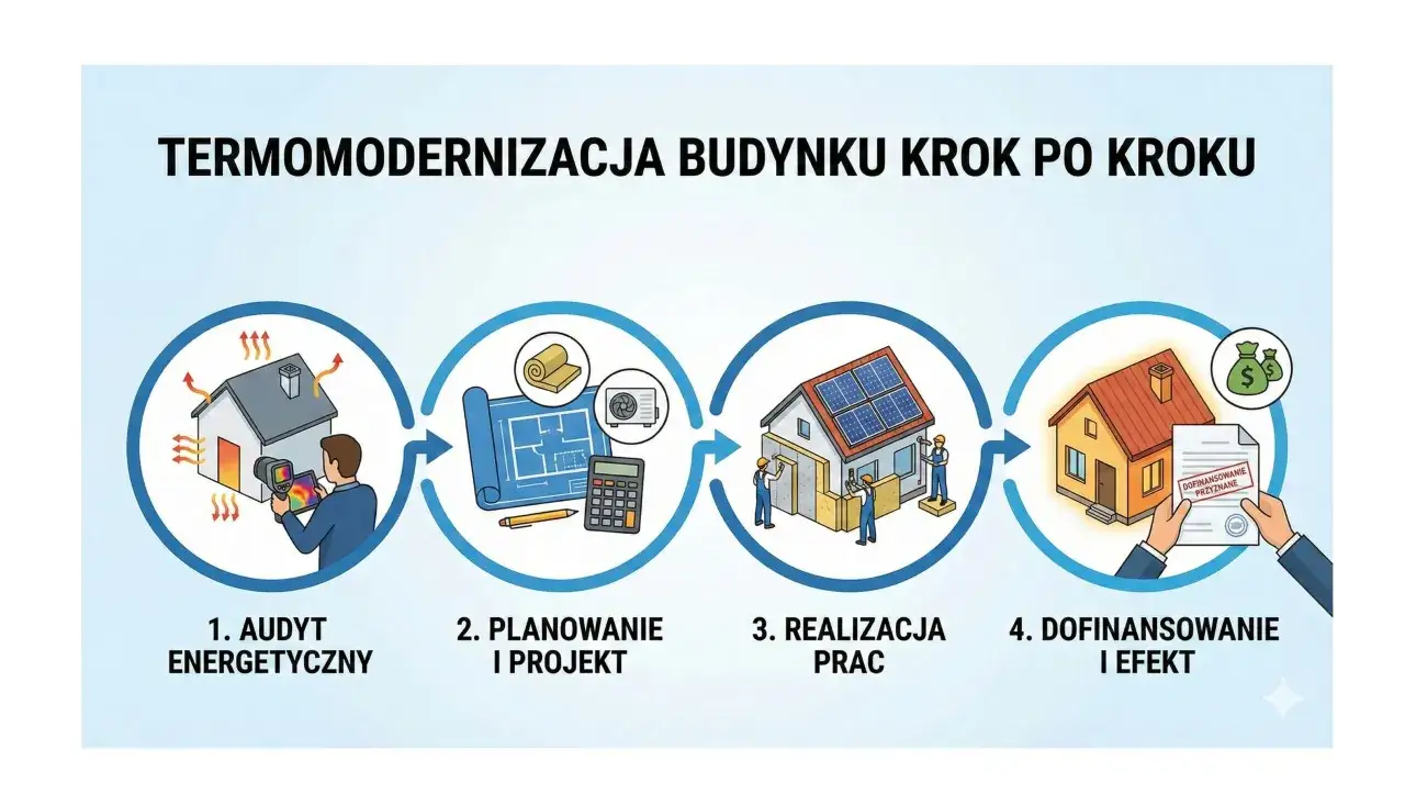 Termomodernizacja krok po kroku: audyt, projekt, realizacja prac i uzyskanie dofinansowania.