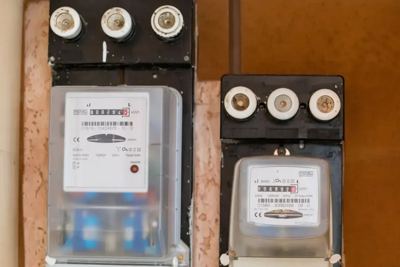 Dwa liczniki prądu, jeden z odczytem 00029417 kWh, drugi 0068922 kWh. Pomocne przy pytaniu jak odczytać licznik prądu Tauron.