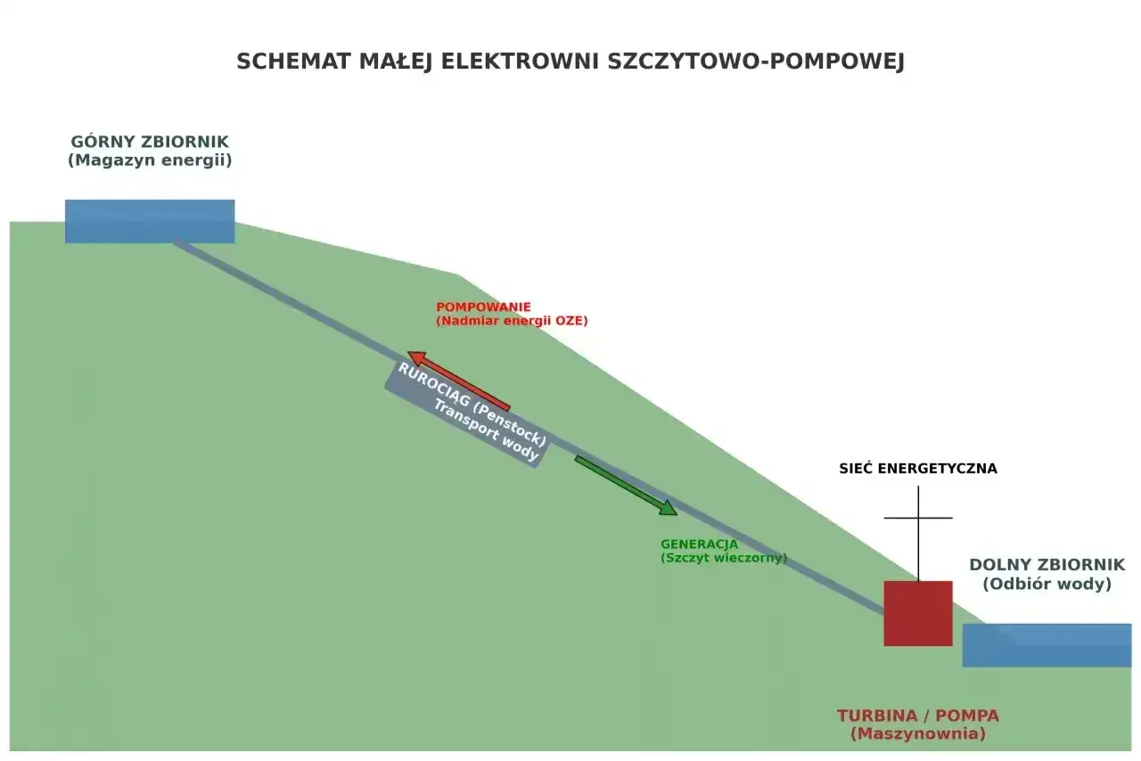 Schemat elektrowni szczytowo pompowej: górny zbiornik magazynuje energię, woda płynie rurociągiem do turbiny, generując prąd.
