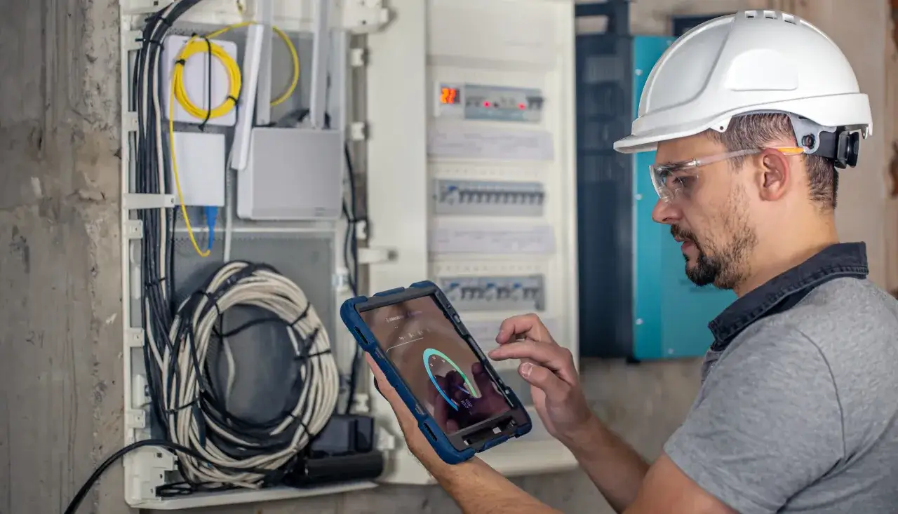 Przegląd instalacji elektrycznej domu. Technik w kasku i okularach kontroluje parametry na tablecie przy rozdzielnicy z kablami i światłowodami.