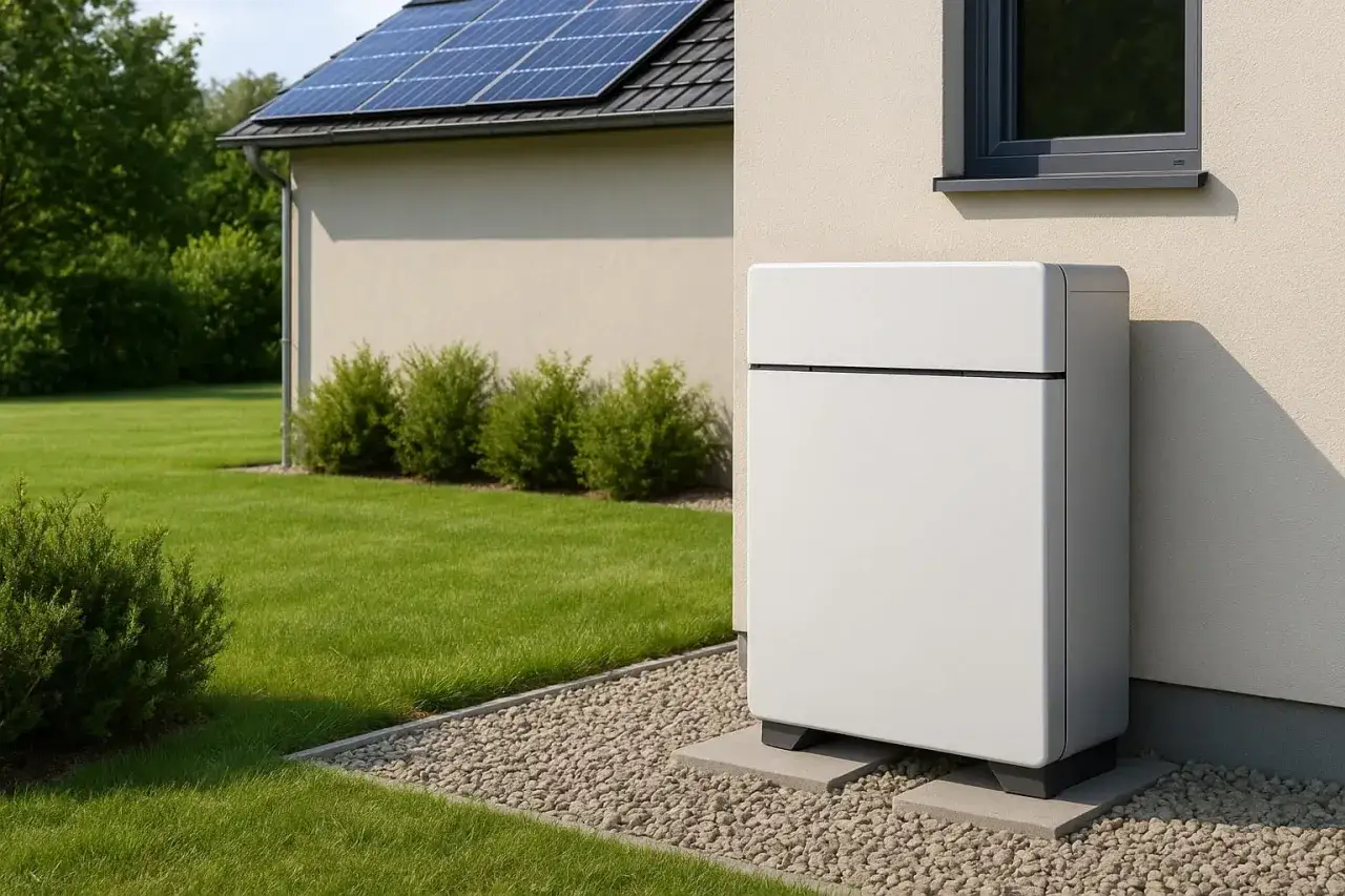 Nowoczesny magazyn energii 10kw na ile wystarczy? Urządzenie stoi przy domu z panelami słonecznymi.