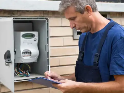 Technik Tauron dokonuje wymiany licznika energii elektrycznej, notując dane na tablicy.