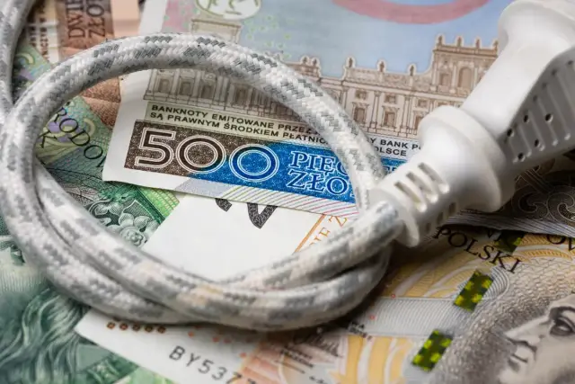 Kabel z wtyczką leży na polskich banknotach. Rosnące ceny energii to spory dodatek do prądu.